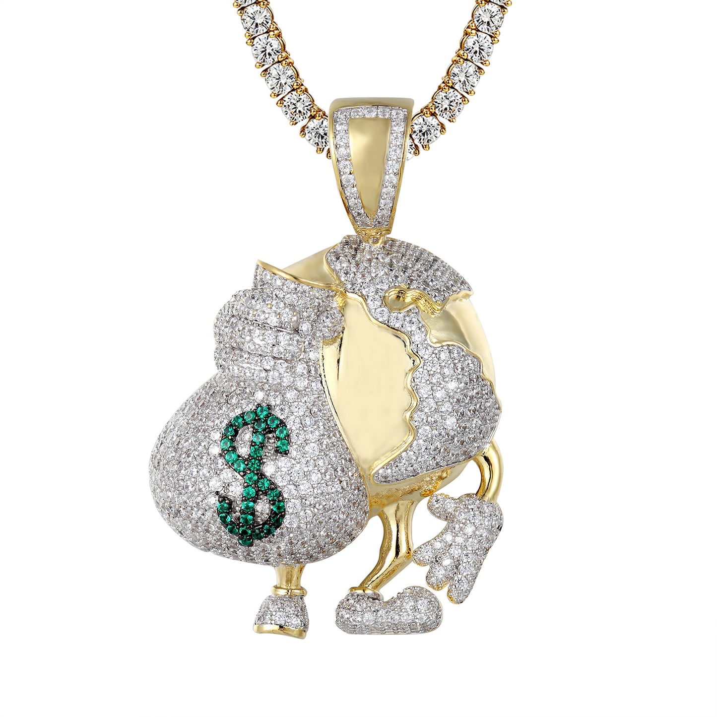 Men's Silver World Globe Holding Money Bag Rich  Pendant