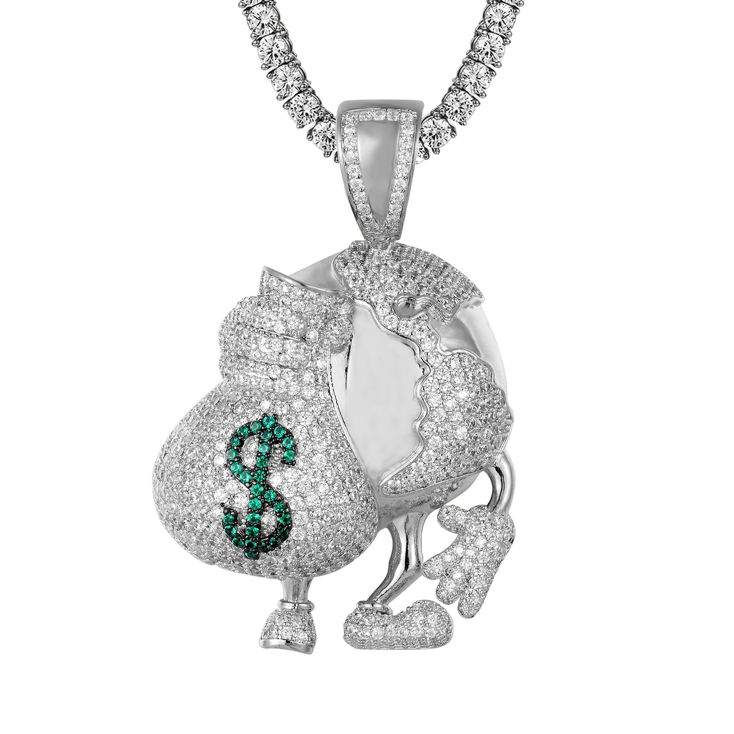 Silver Bling World Globe with Dollar Money Bag Custom Pendant