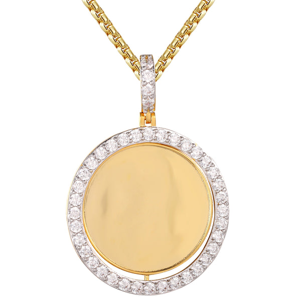 Gold Tone Solitaire Round Picture Photo Circle .925 Spin Pendant