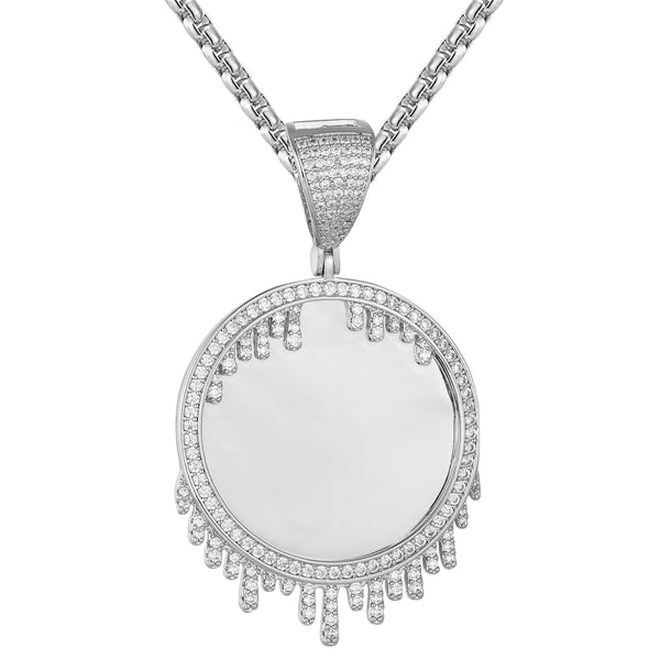 Sterling Silver Picture Circle Memory Dripping Icy Pendant