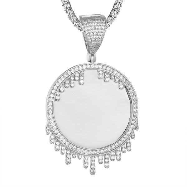 Sterling Silver Picture Circle Memory Dripping Icy Pendant