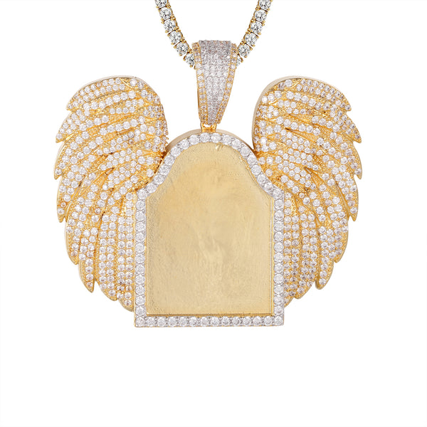 Custom Angel Wings Icy Picture Memory Photo Pendant Gold Tone