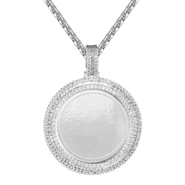 Sterling Silver Baguette Icy Round Picture Photo Circle Pendant Chain