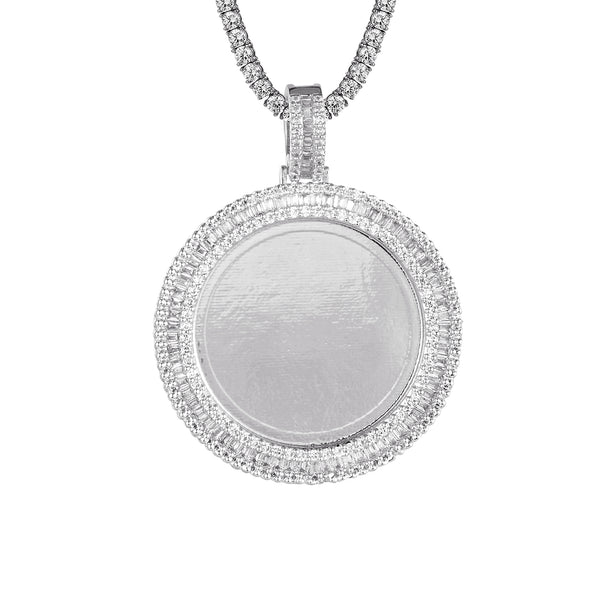 Sterling Silver Baguette Icy Round Picture Photo Circle Pendant Chain