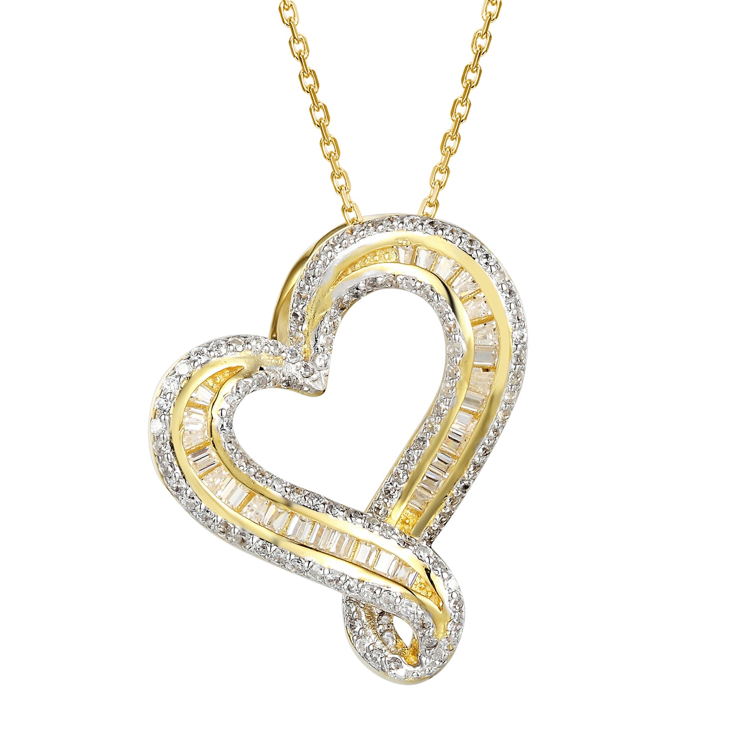 14k Gold Finish Tilted Baguette Silver Heart Pendant Valentine's