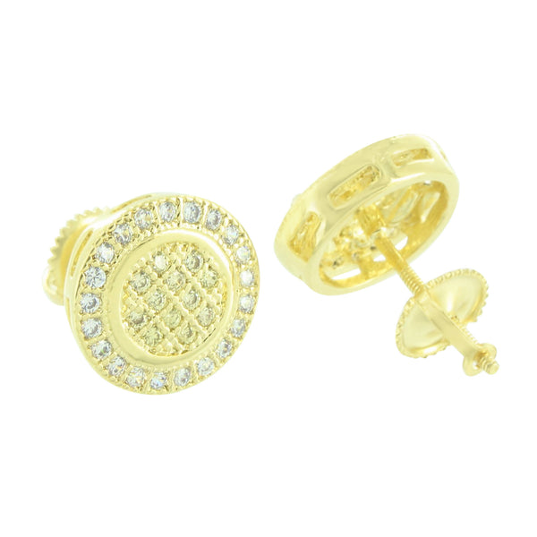 Gold Finish Round Earrings Simulated Diamonds Screw Back 11 MM
