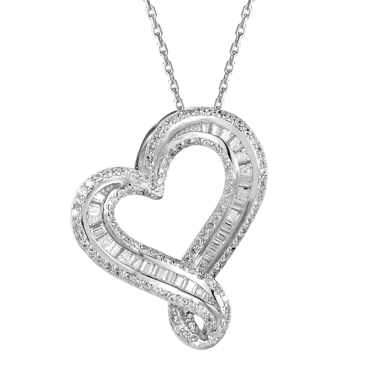 Twisted Tilted Baguette Sterling Silver Heart Pendant Valentine's