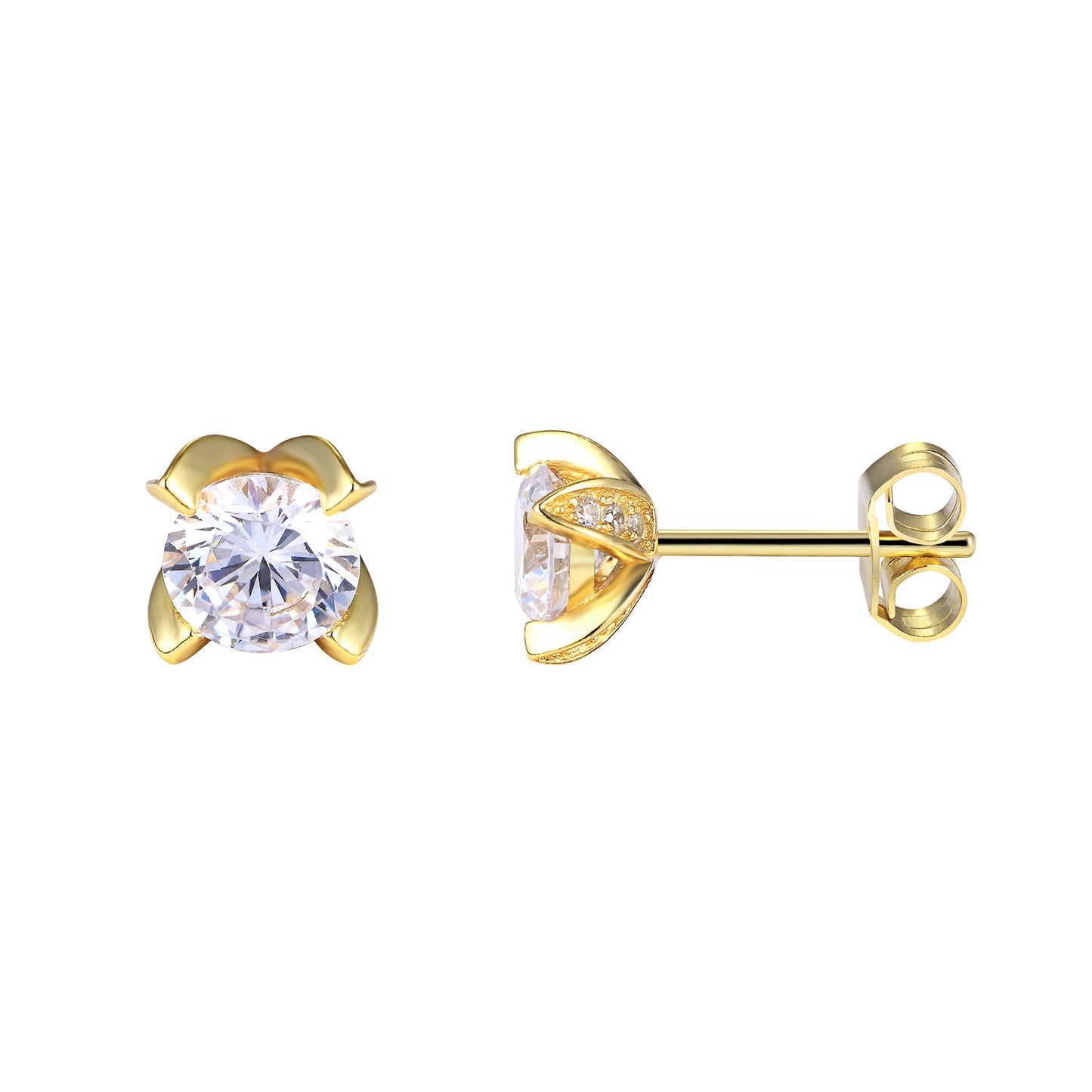 Sterling Silver Elegant Flower Petal Style Bling Solitaire 14k Gold Finish Earrings
