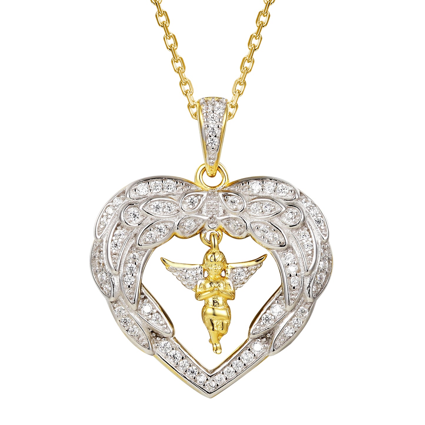 14k Gold Finish Heart with Angel Wings Pendant Valentine's