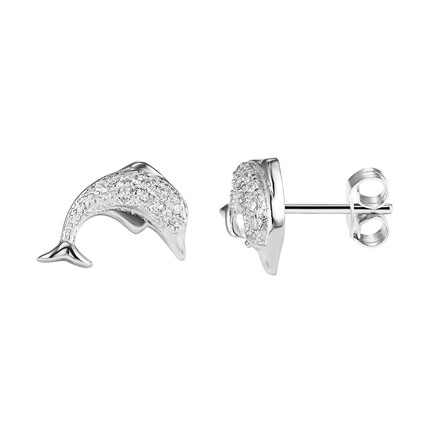 Sterling Silver Bling Lab Diamonds Humpback Whale 14k White Gold Finish Stud Earrings