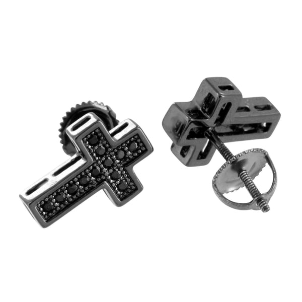Black Finish Cross Earrings Unique Black Simulated CZ Pave Jesus Crucifix