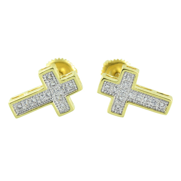 Jesus Cross Design Earrings Yellow Gold Finish Screw Back 13 MM