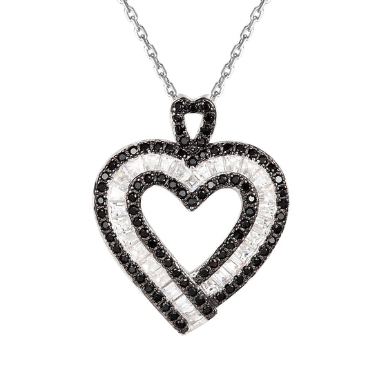 Black& White Double Heart Baguette Silver Pendant Valentine's