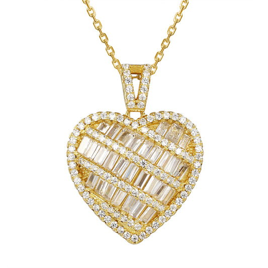 14k Gold Finish Baguette Heart Love Pendant Chain Set