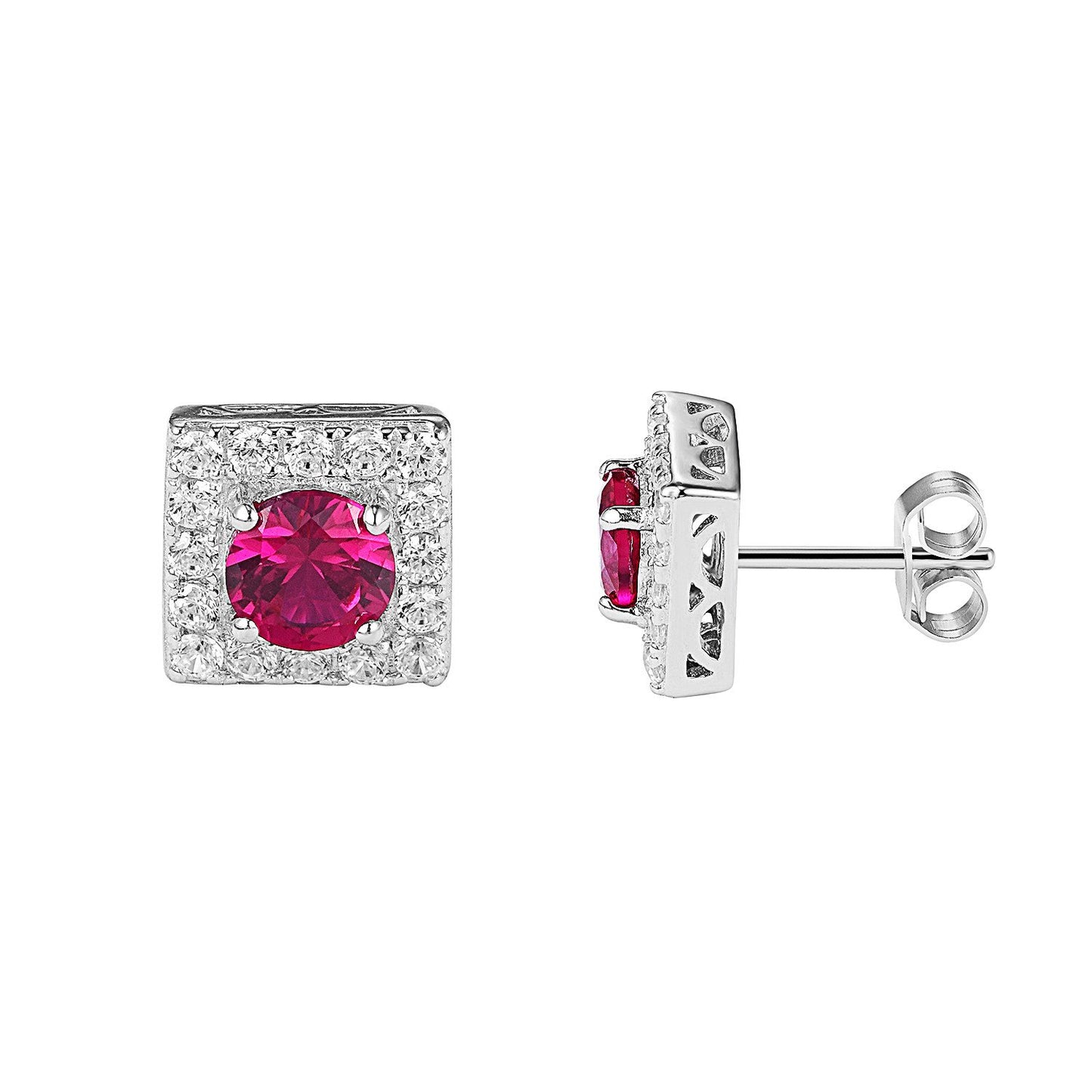 Sterling Silver Square Shape all  Pink Ruby Solitaire Stud Push Back Earrings
