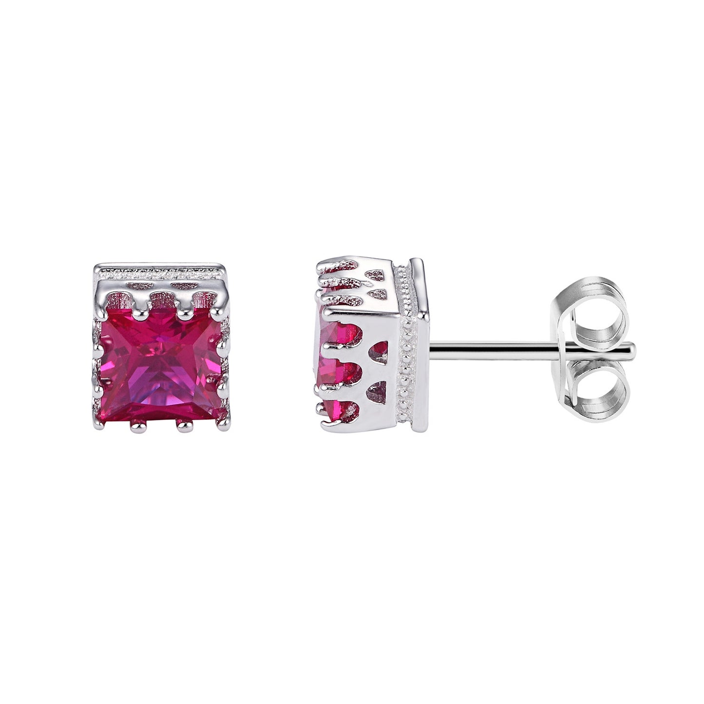 Sterling Silver Dark Cushion Pink Square Solitaire Prong Style 14k Rhodium Finish Earrings