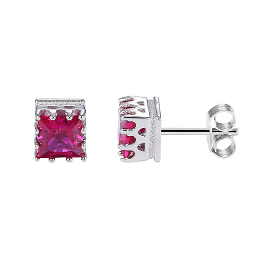 Sterling Silver Dark Cushion Pink Square Solitaire Prong Style 14k Rhodium Finish Earrings