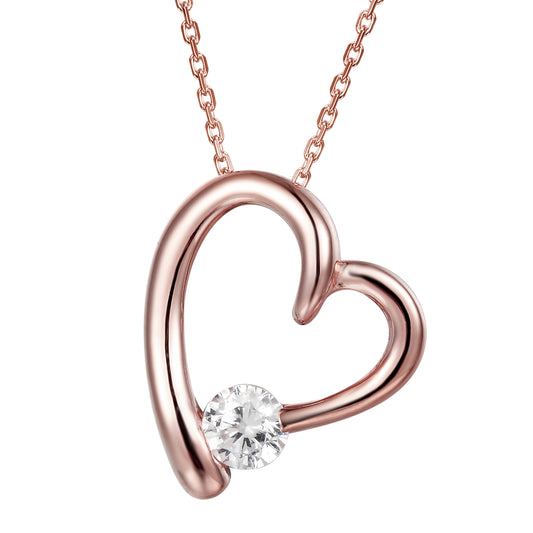 14k Rose Gold Finish Titled Open Heart Solitaire Pendant