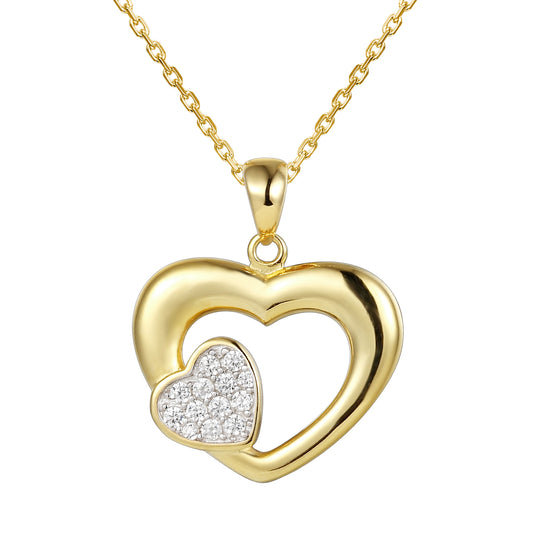 Heart in Heart Solitaire 14k Gold Finish Pendant Chain Valentine's