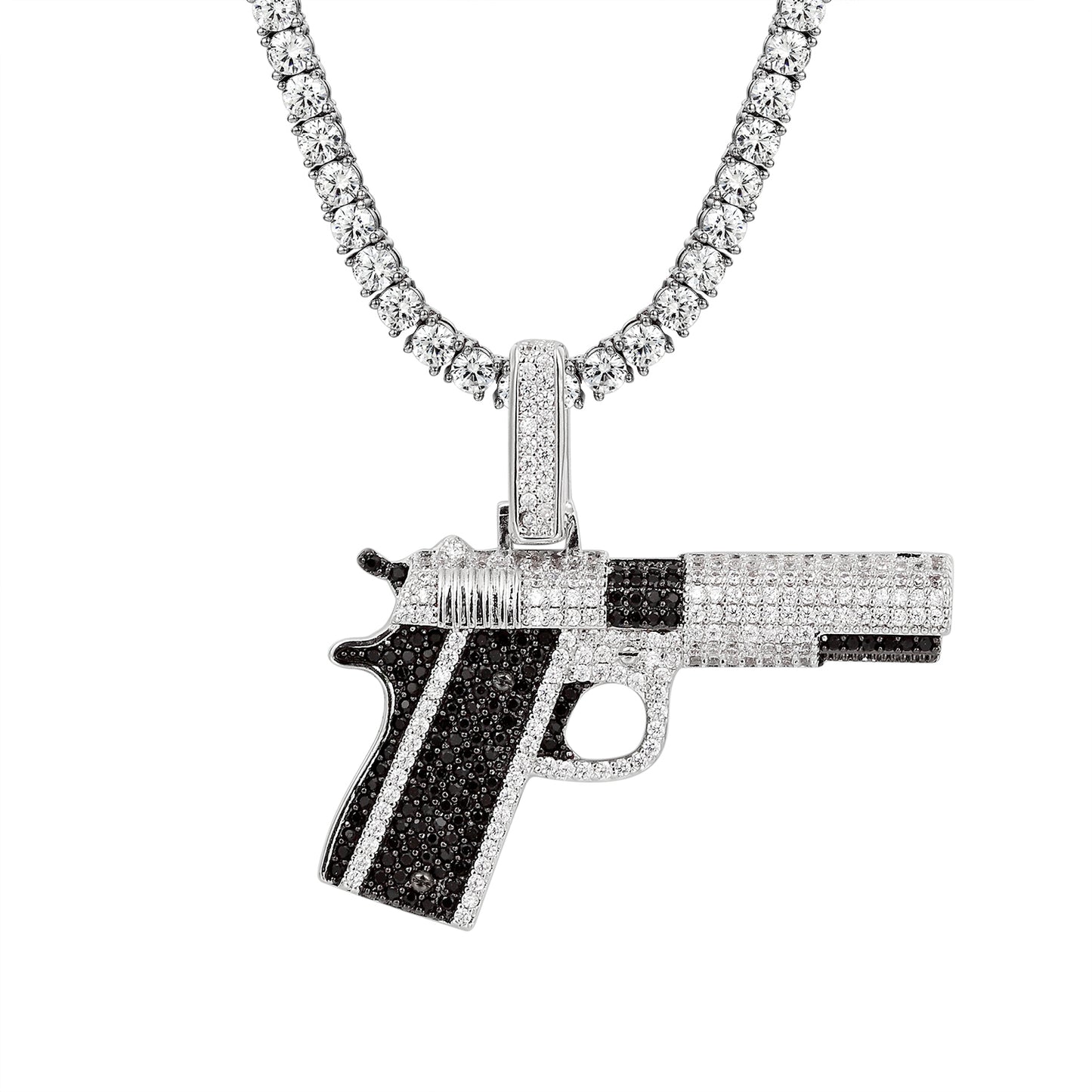 Sterling Silver Black &White Pistol Gun Pendant Chain