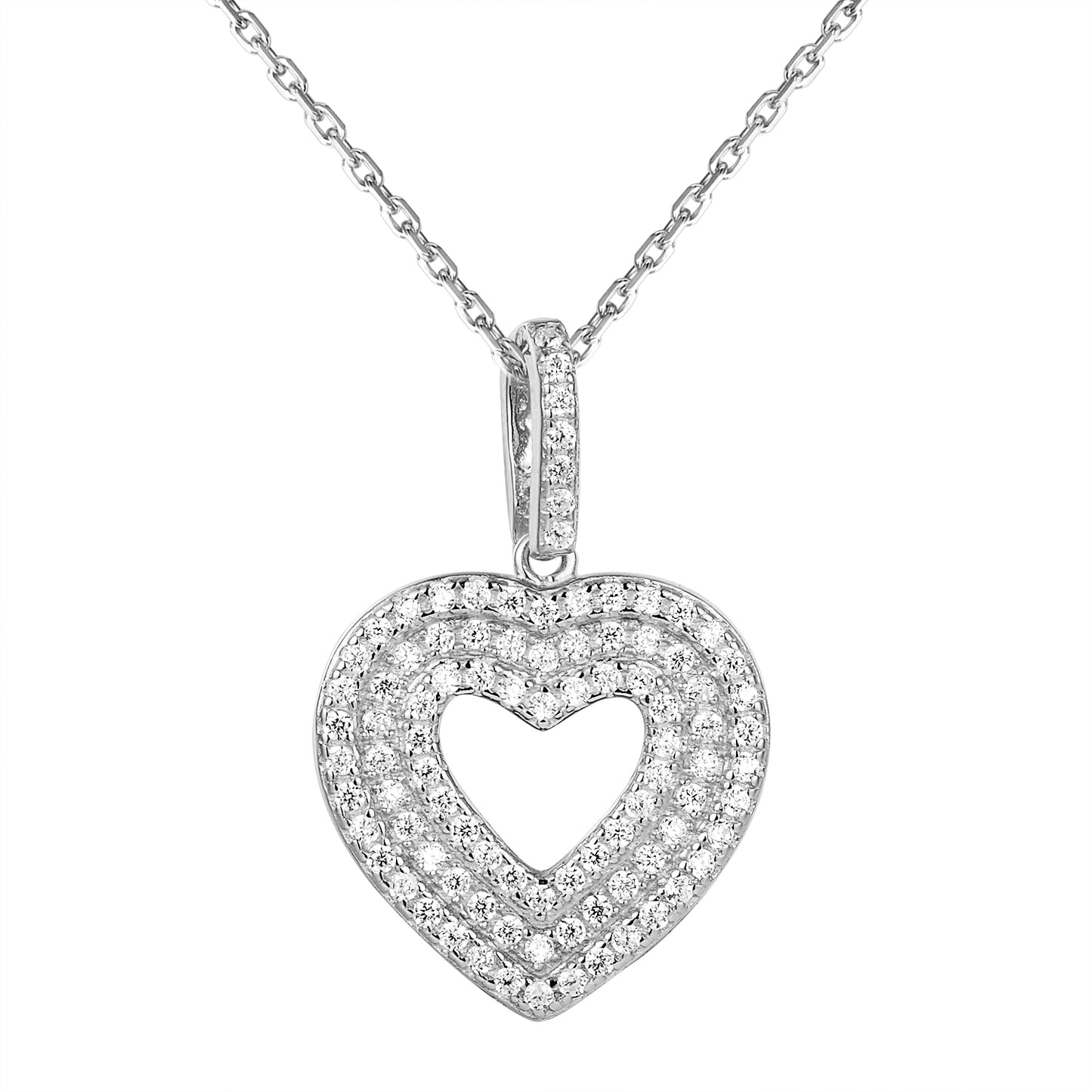 Sterling Silver 3 Row Solitaire Love Heart Pendant Set