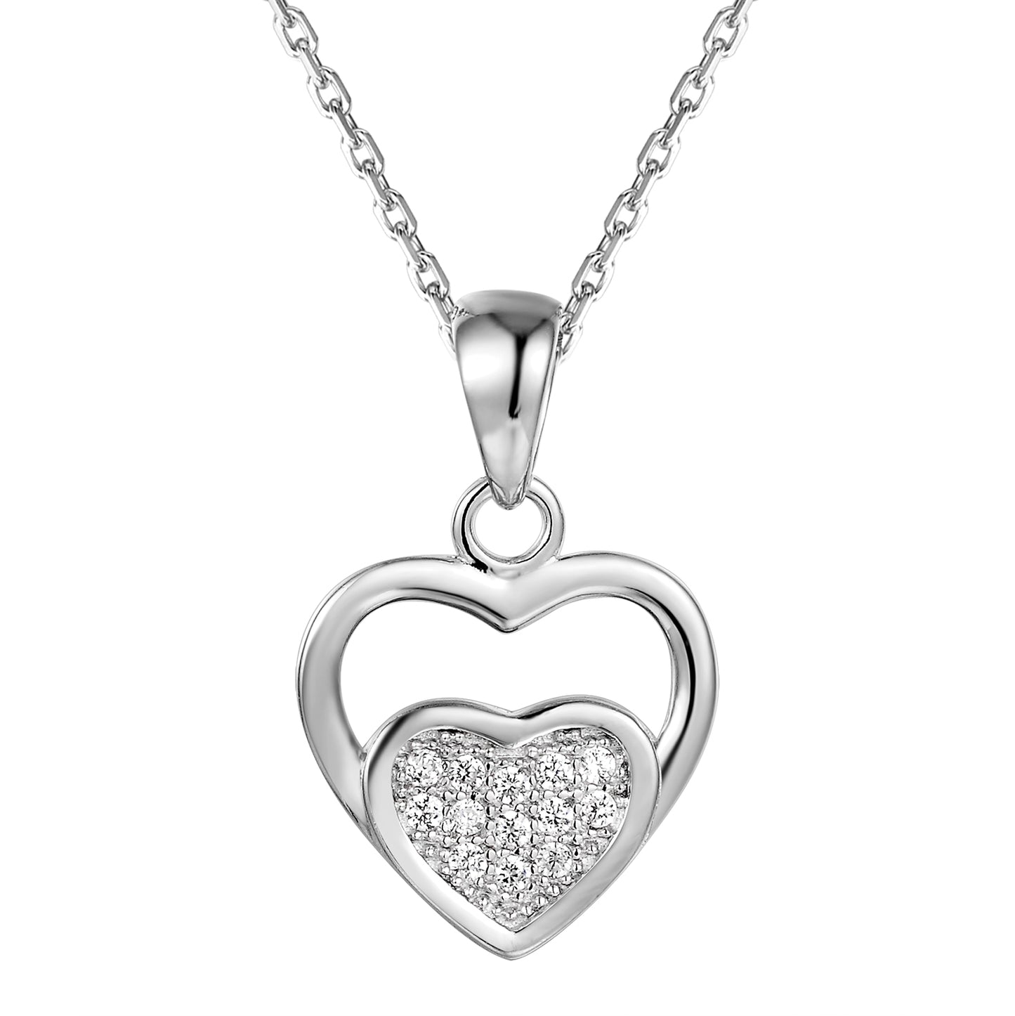 Double Heart Solitaire Sterling Silver Pendant Valentine's Gift