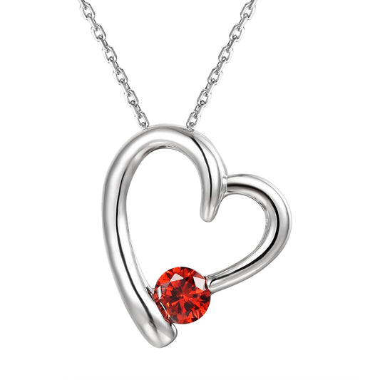 Silver Plain Open Heart Red Ruby Solitaire Pendant Valentine's