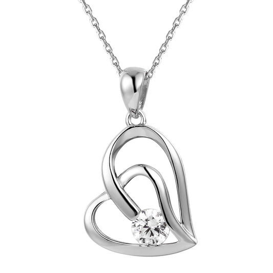 Tilted Double Heart Center Solitaire Silver Pendant Valentine's