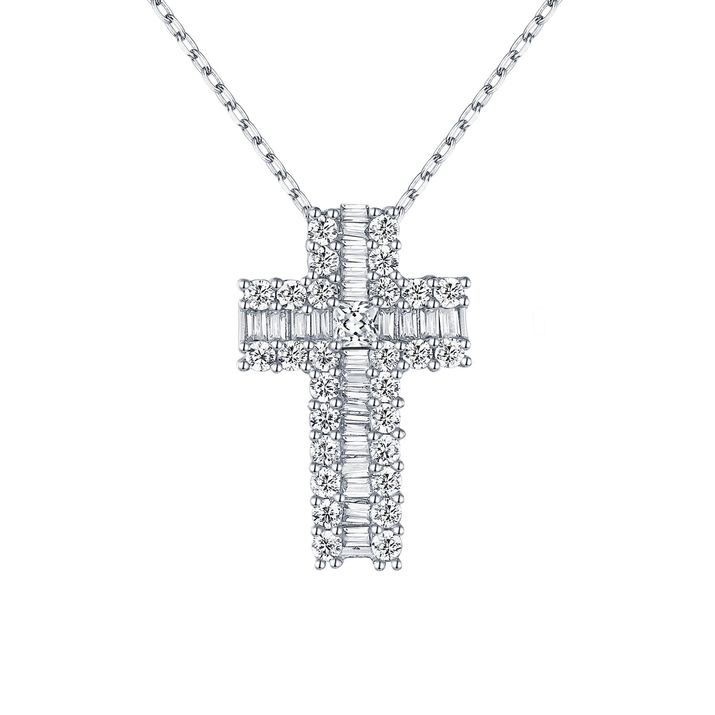 Cross Pendant Baguette Lab Diamond Sterling Silver Chain