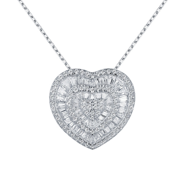White Sterling Silver Heart Pendant Baguette Lab Diamond