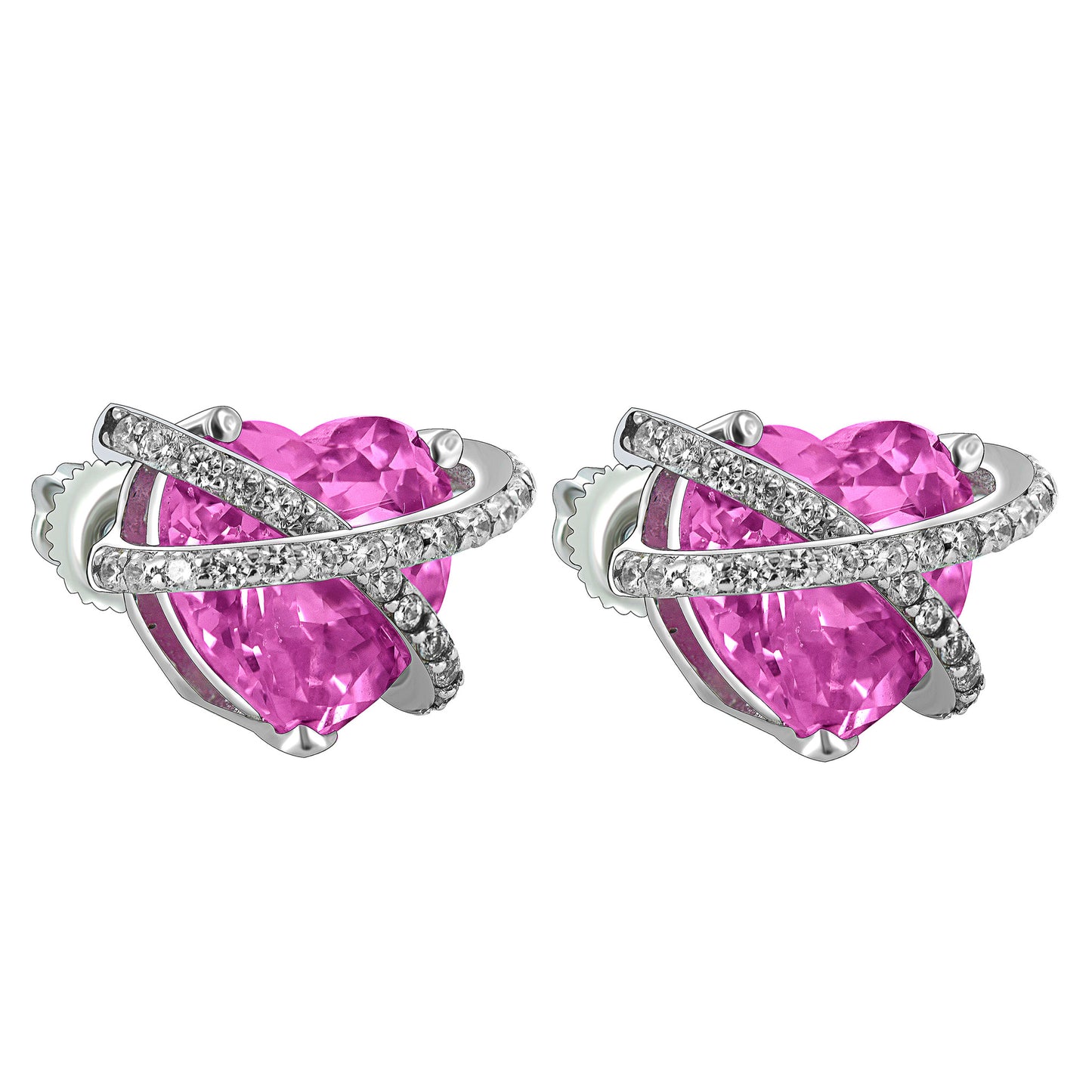 October Birthstone Pink Solitaire Silver Heart Earrings Pendant Set