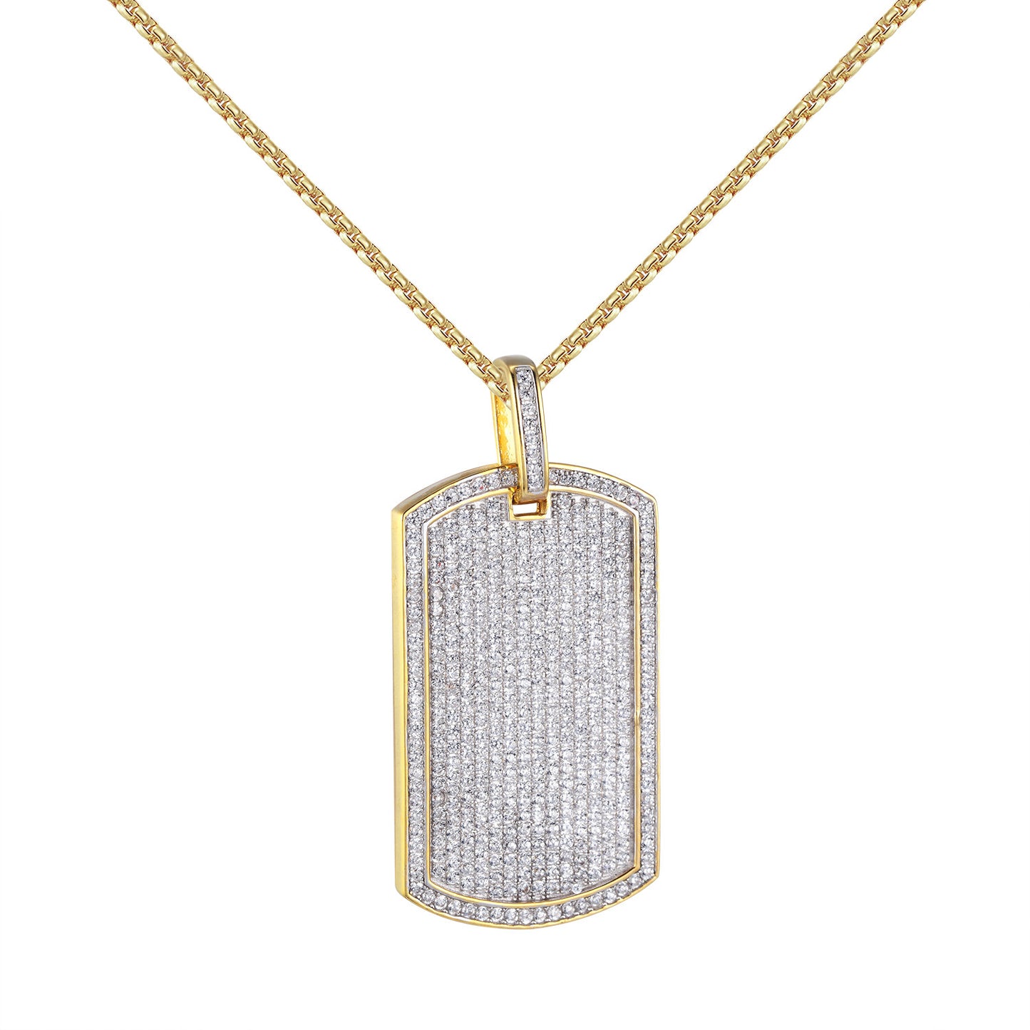 14k Gold Finish Dog Tag Pendant Sterling Silver Lab Diamonds 24 Inch Necklace