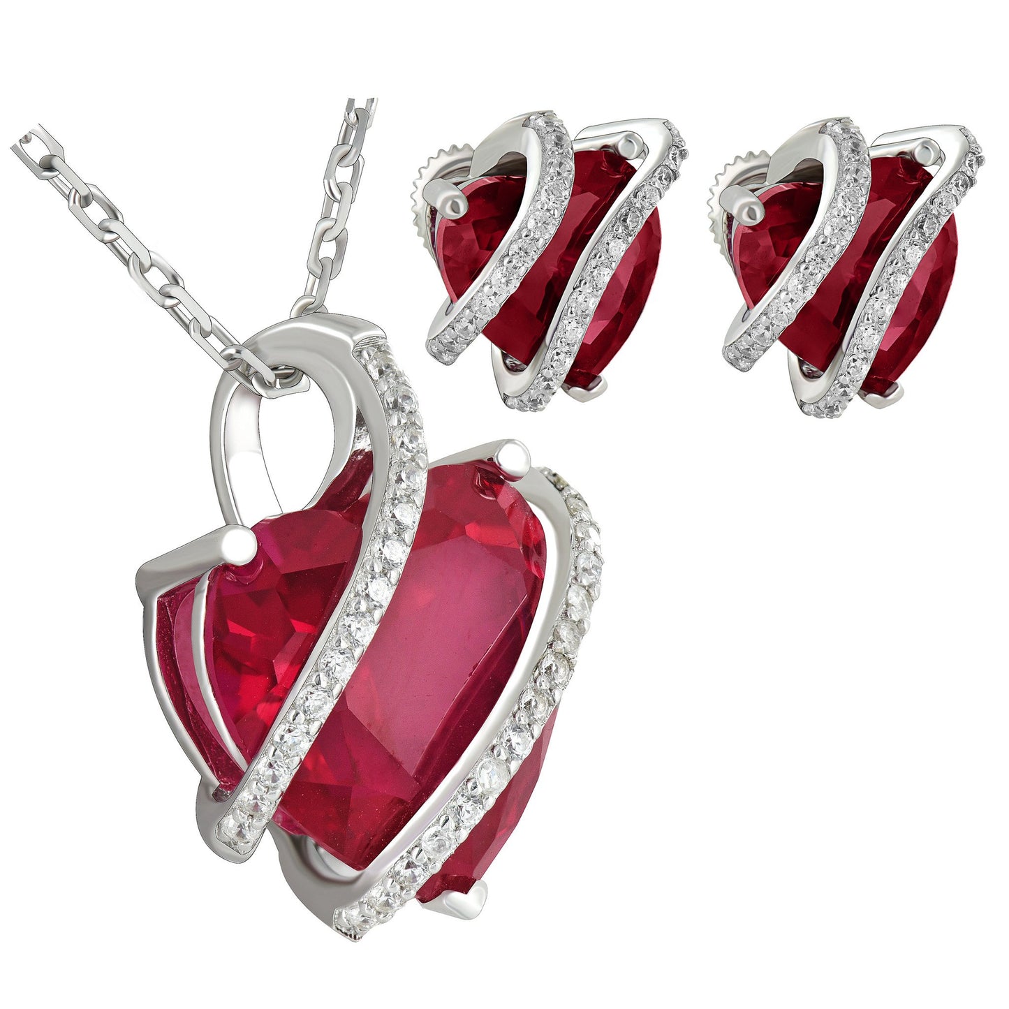 Jan Birthstone Womens Garnet Solitarie Heart Sterling Silver Earrings Pendant Set  17" Chain