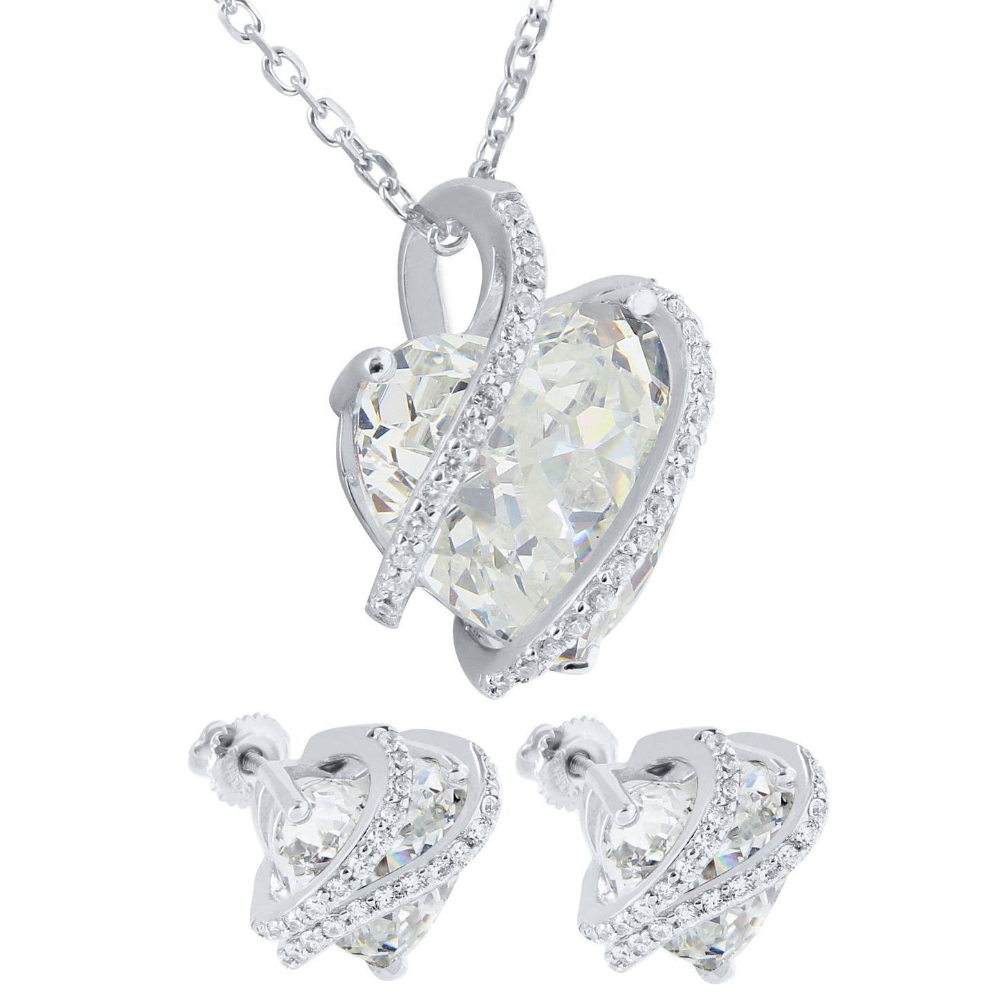 April Birthstone Womens Solitaire Heart Silver Earrings Pendant Set