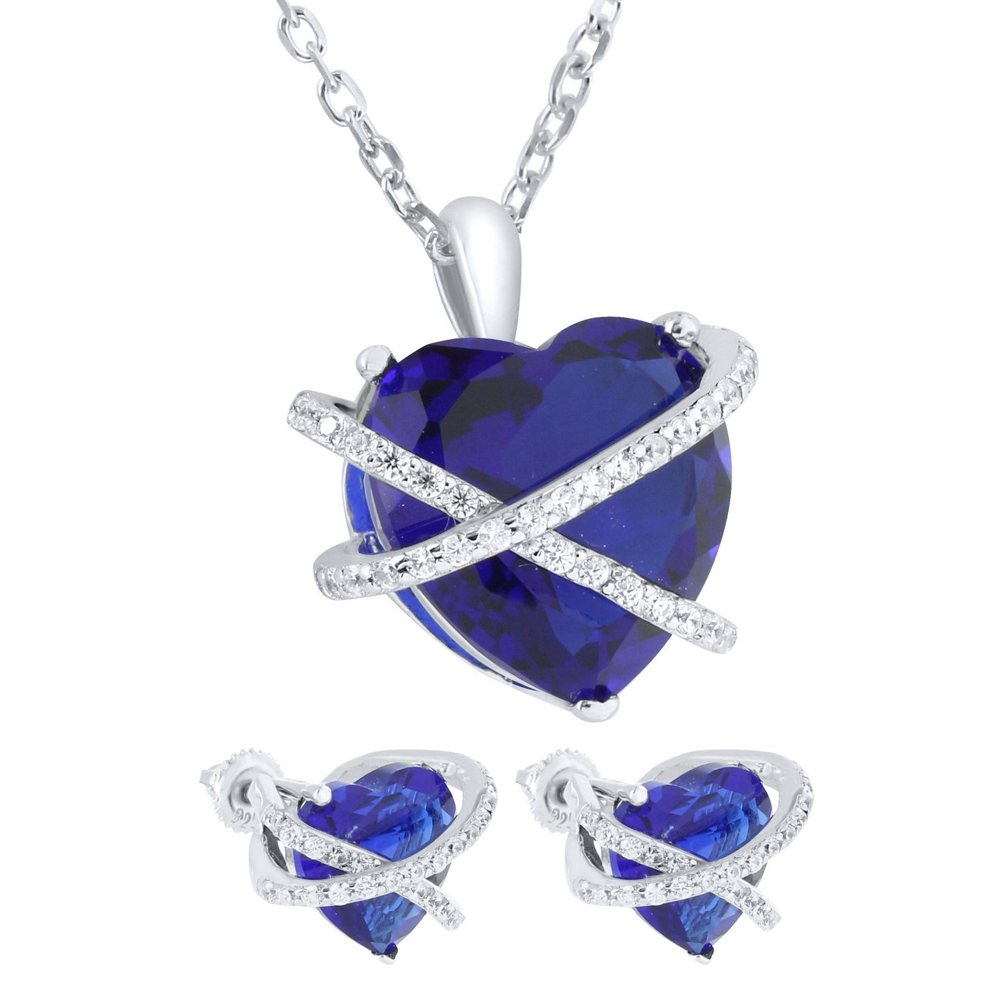 December Birthstone Womes Blue Topaz Heart Silver Earrings Set