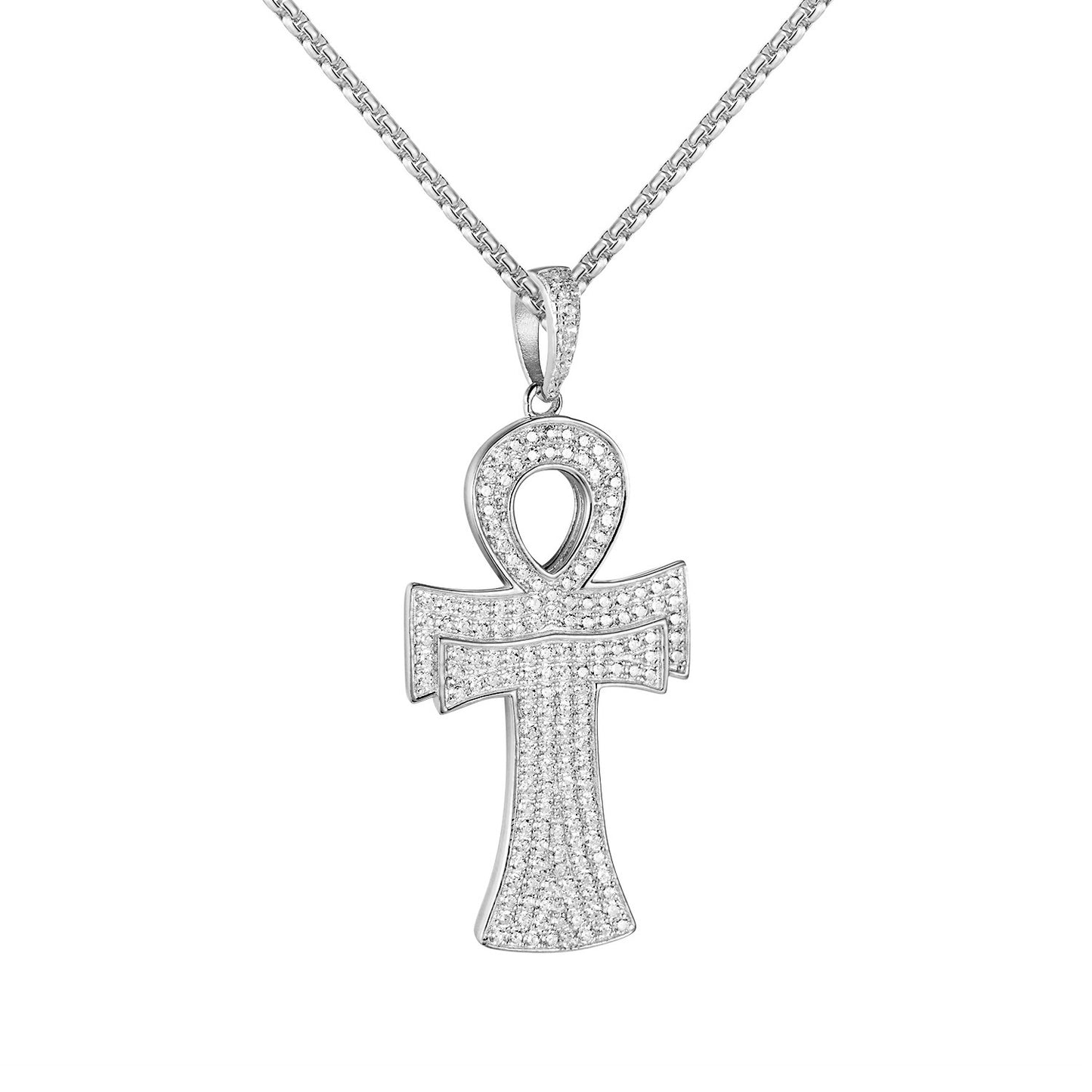 Sterling Silver Ankh Cross Pendant Bling 1.9" Charm Lab Diamonds 24" Necklace