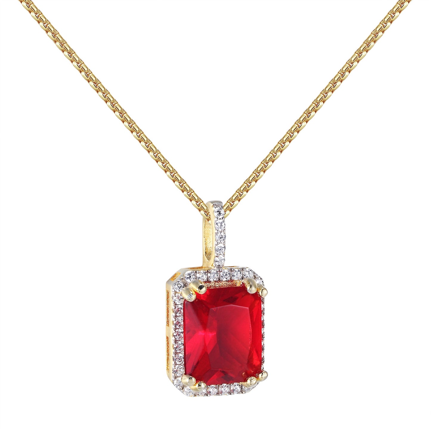Red Ruby CZ Pendant Solitaire 14k Gold Finish Sterling Silver Free 24" Necklace