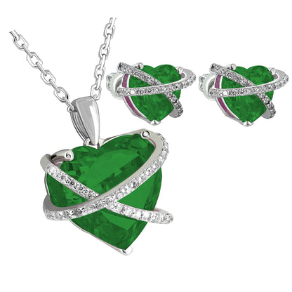 May Birthstone Emerald Solitaire Heart Silver Earrings Set