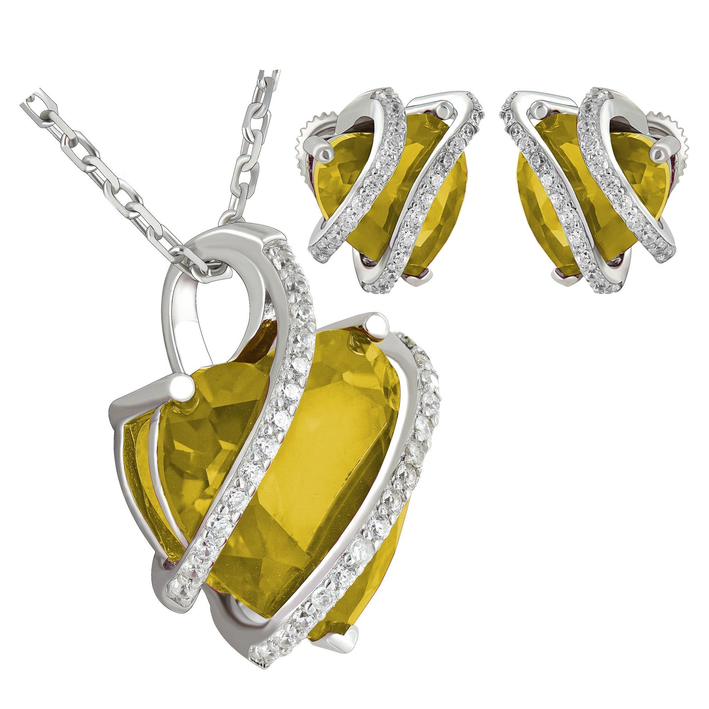 November Birthstone Womens Topaz  Heart Silver Earrings Set