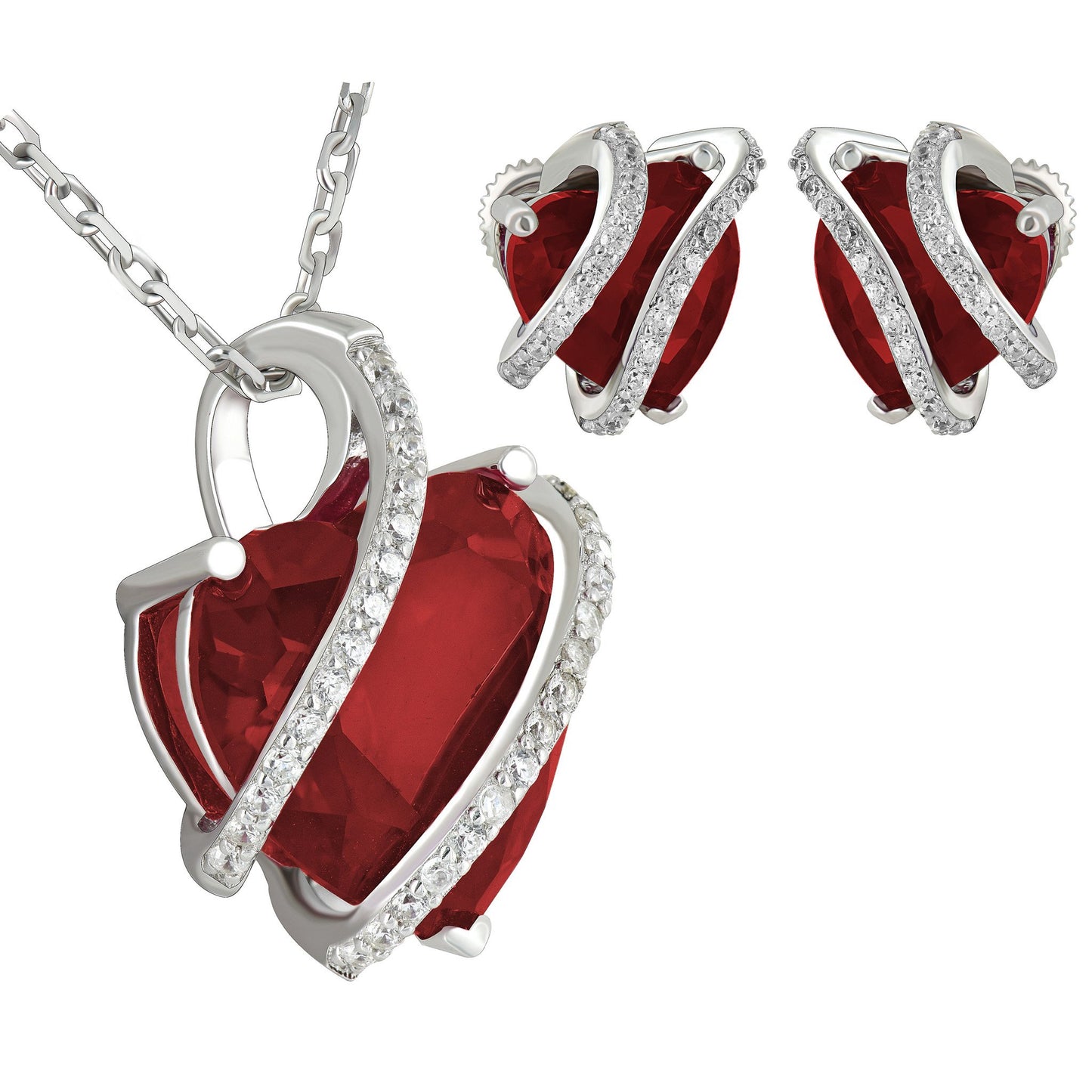 July Birthstone Womens Ruby Solitarie Heart Sterling Silver Earrings Pendant Set  17" Chain
