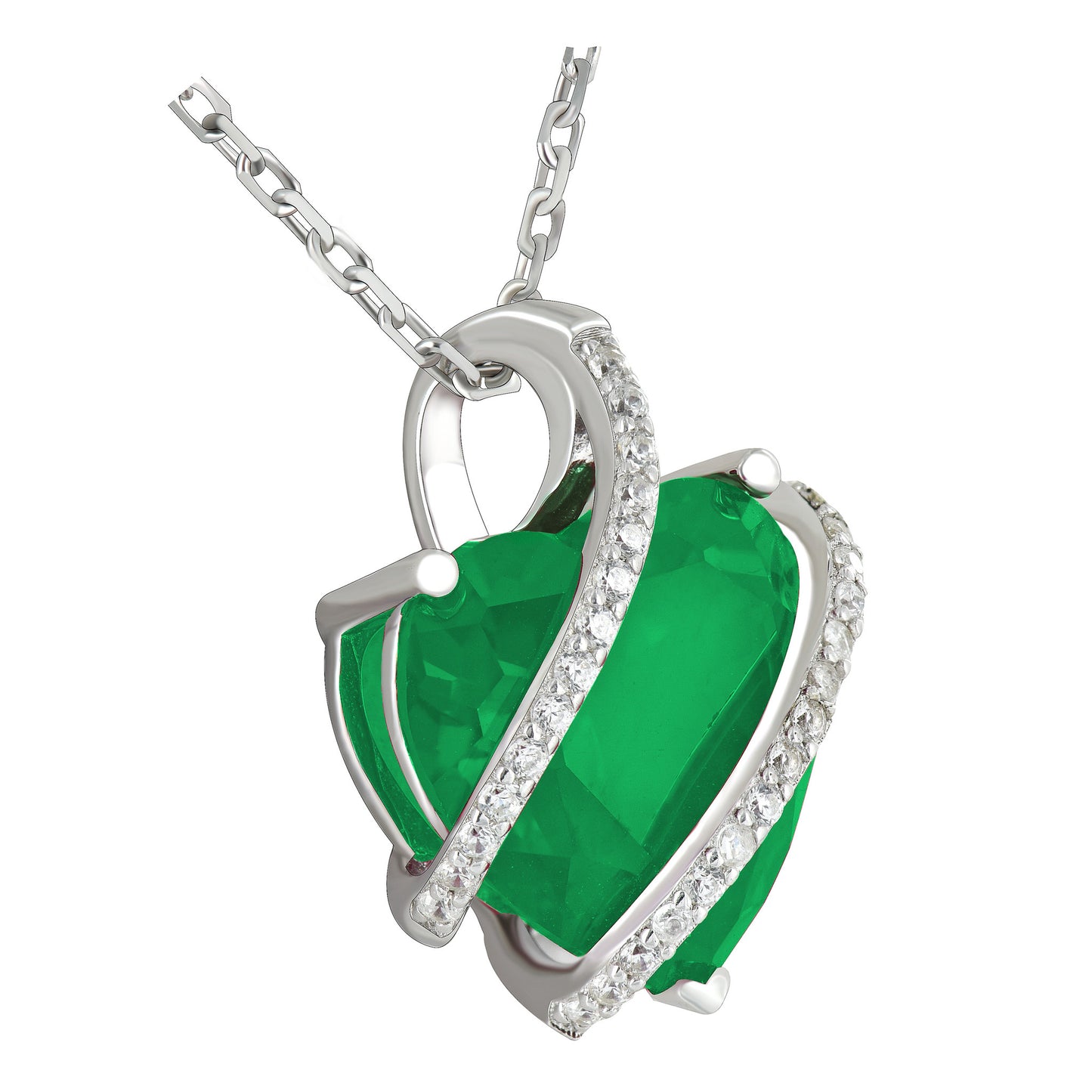May Birthstone Ladies Real Silver Emerald Simulated Diamond Heart Charm Set