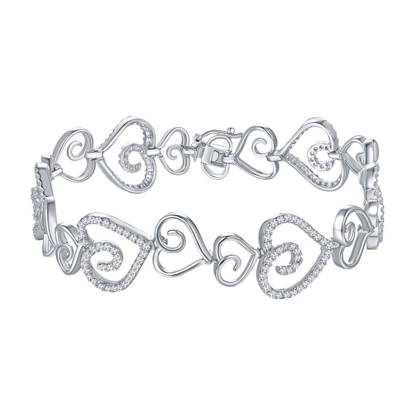 Women Heart Bracelet White Rhodium Plated Simulated Diamonds 8 Inch Classy Style