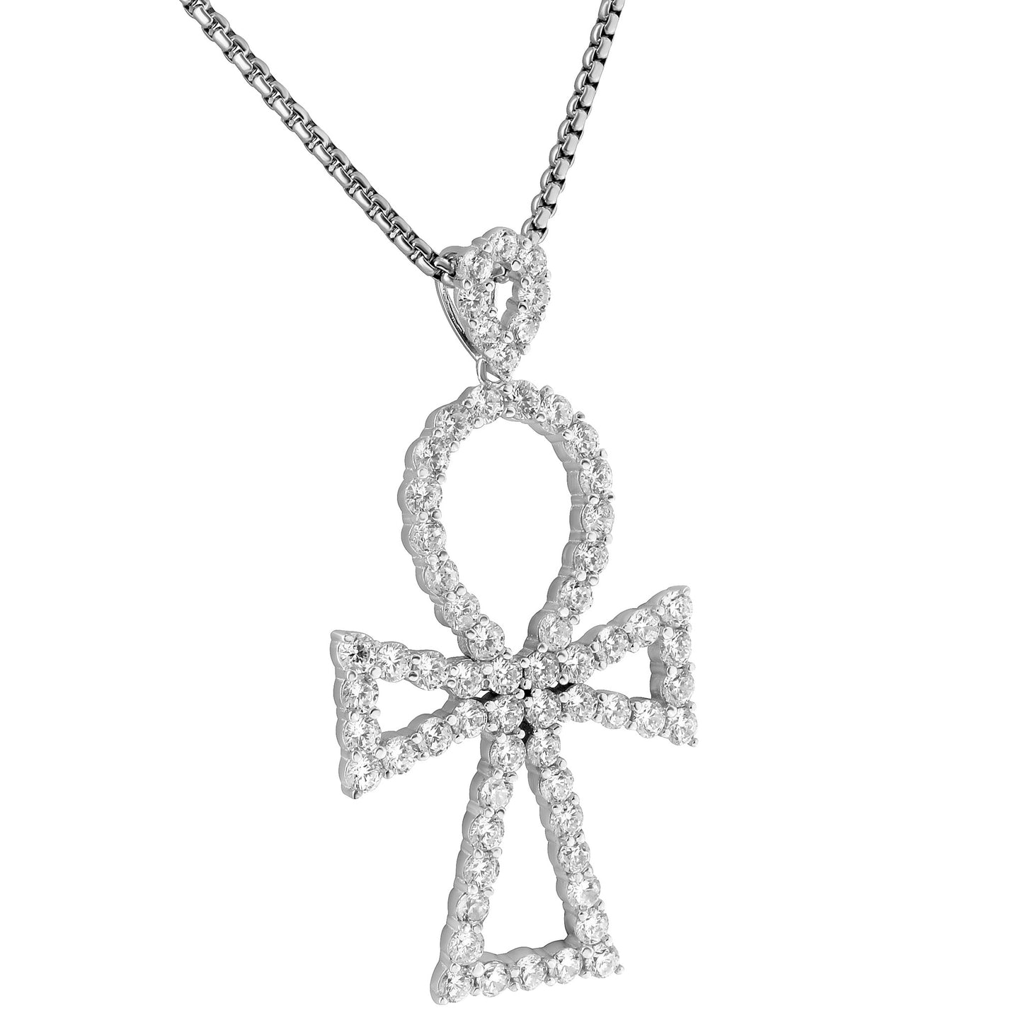 Solitaire Ankh Cross Pendant 2.4 Inch Lab Diamonds 925 Sterling Silver 24 Inch Chain
