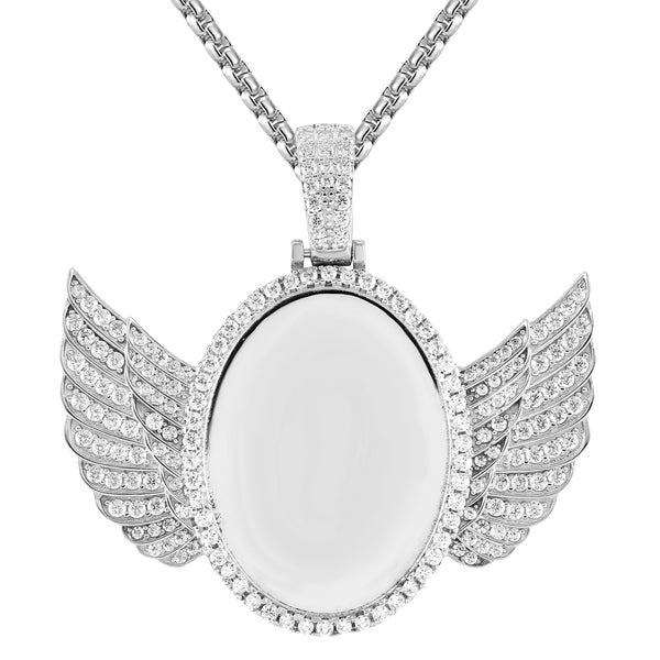 Oval Shape Silver Angel Wings Icy Picture Memory Pendant