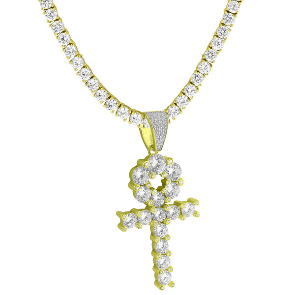 Solitaire Ankh Cross Pendant 14k Gold Over 925 Silver Round Tennis Chain