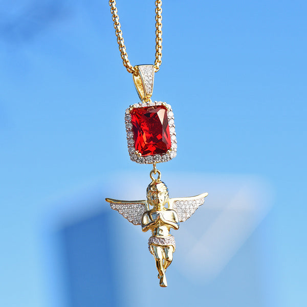 Red Ruby and Angel Pendant 14K Gold Finish Necklace Set
