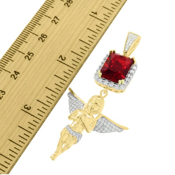 New Angel Red Ruby Pendant Lab Created Diamond Yellow Gold On Sterling Silver