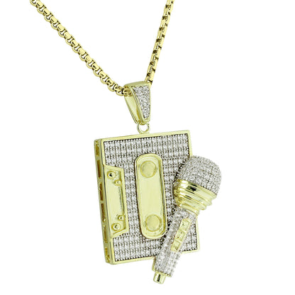 Mic Cassette Player Pendant  Old School Vintage 14K Gold Finish Stainless Steel 24" Chain