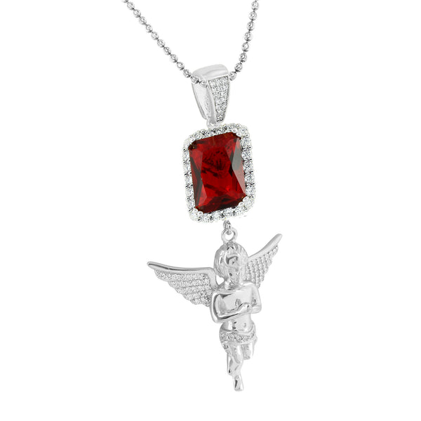 Sterling Silver Garnet Ruby Angel Pendant Moon Cut Necklace White Gold Finish