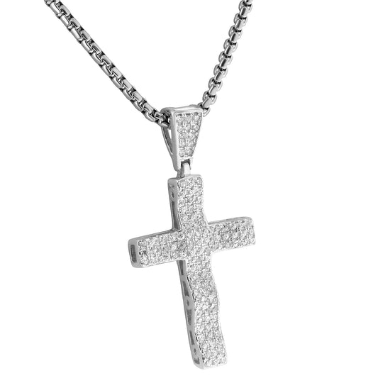 Sterling Silver Cross Pendant Pave Set Lab Diamonds 24 Inch Box Necklace Chain